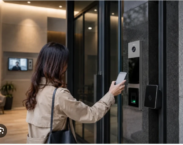 Mujer utilizando su celular frente a una terminal de acceso