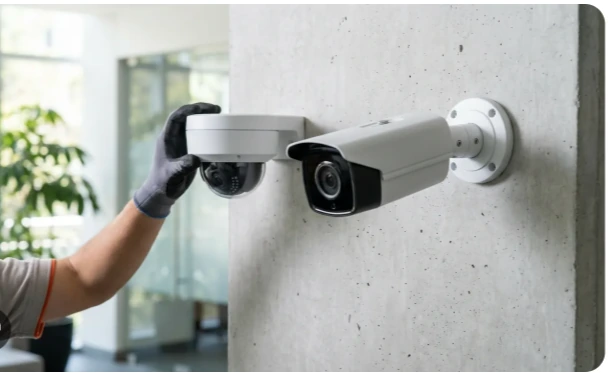 Técnico instalando dos cámaras de videovigilancia en una pared