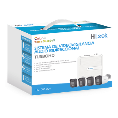HiLook by HIKVISION Kit TurboHD / DVR 4 Canales / 4 Cámaras Bala 1080p Lite / Visión Nocturna 20 m (65.6 ft) – HL-1080-DL/T